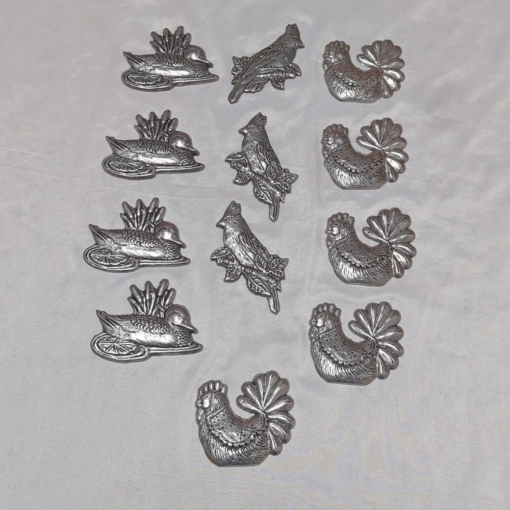 Vintage 1989 Carson Pewter Bird Ornaments Set of 12 Chickens, Ducks Cardinals